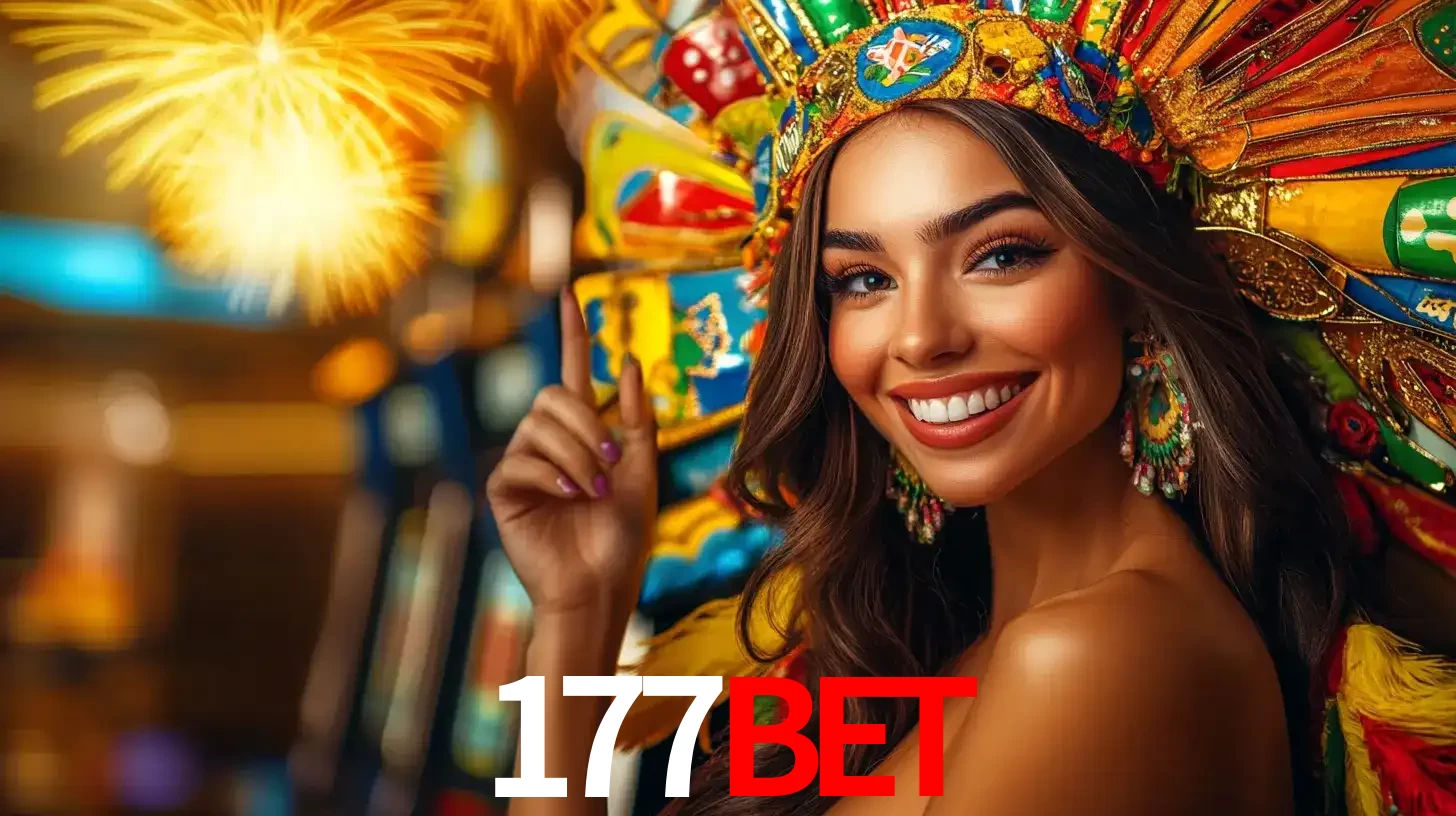 Mulher sorridente com um cocar de carnaval vibrante e colorido, celebrando uma grande vitória nos jogos do cassino 177BET com fogos de artifício ao fundo.