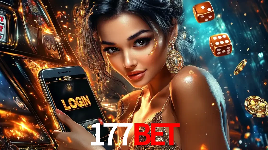 Mulher glamourosa segurando um celular com a tela de login do cassino 177BET, rodeada por dados e moedas douradas, pronta para começar a diversão.