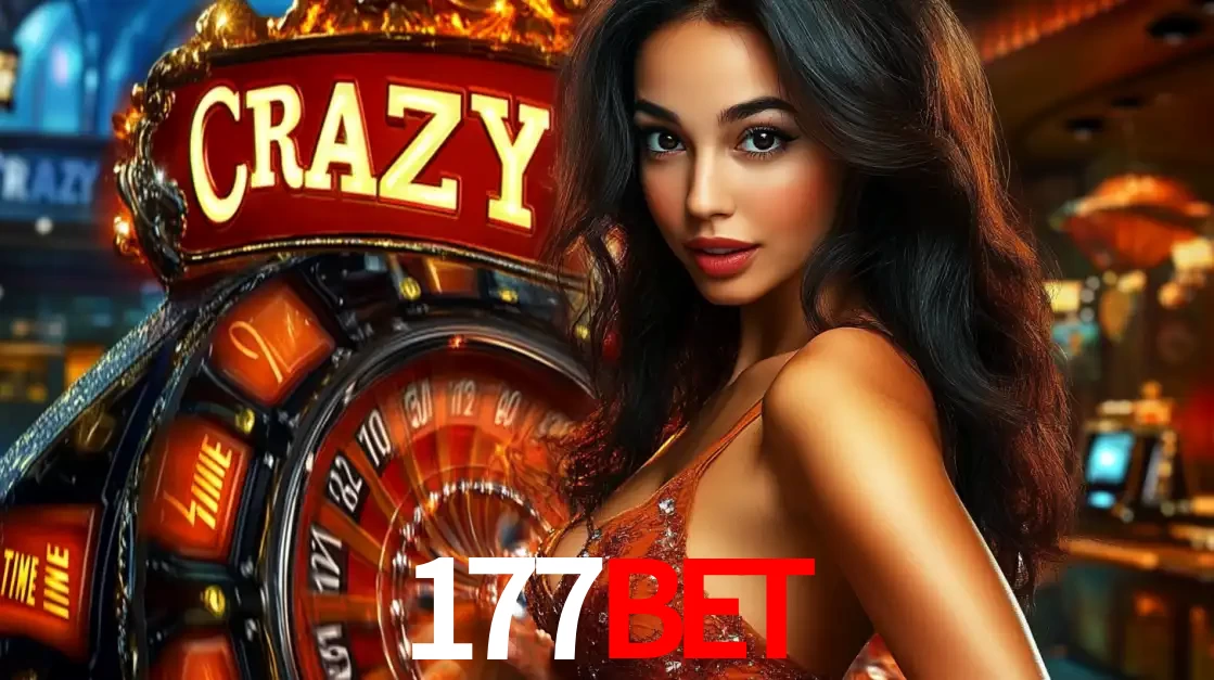 Mulher glamourosa olhando para a câmera com a roda vermelha do Crazy Time ao fundo em um ambiente de cassino, destacando a emoção dos jogos ao vivo no 177BET.