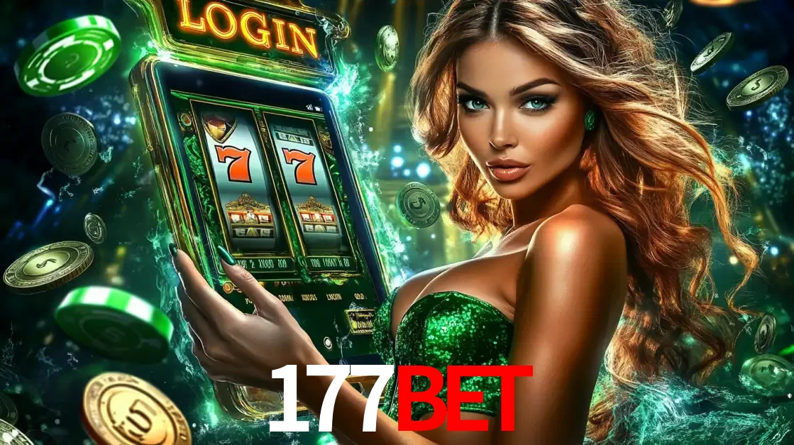 Mulher com tema verde apresentando o aplicativo do cassino 177BET com um jogo de slot de 777, cercada por fichas de cassino e uma aura de sorte.