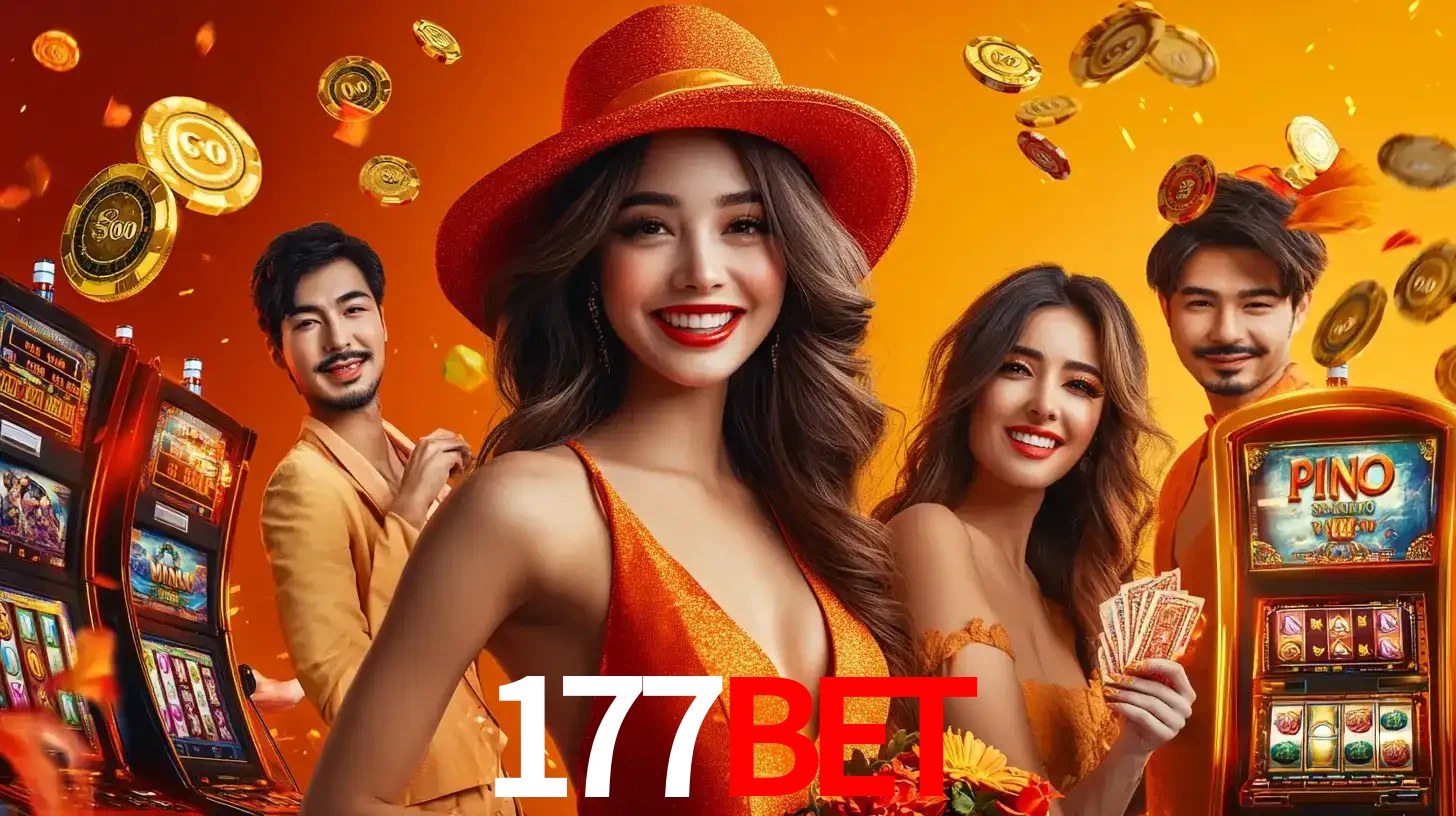 Grupo de amigos asiáticos sorrindo e se divertindo com máquinas de caça-níqueis em um ambiente festivo, celebrando suas vitórias nos jogos de cassino do 177BET.