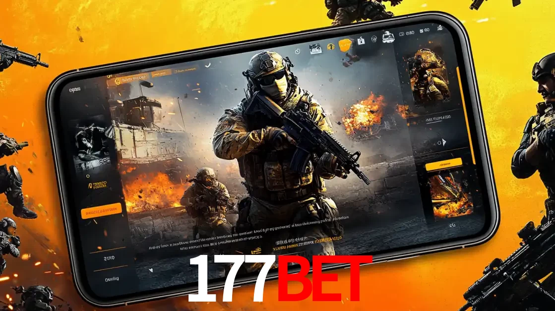 Um smartphone exibindo a interface de um jogo de tiro em primeira pessoa, com um soldado em um cenário de batalha, representando a ação dos e-sports para apostar no 177BET.