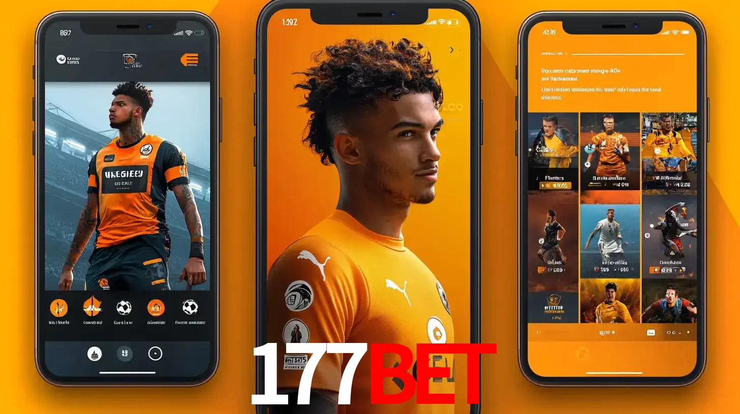 Interface do aplicativo de apostas esportivas 177BET em três telas de celular, mostrando o perfil de um jogador de futebol e a lista de jogos disponíveis para apostar.