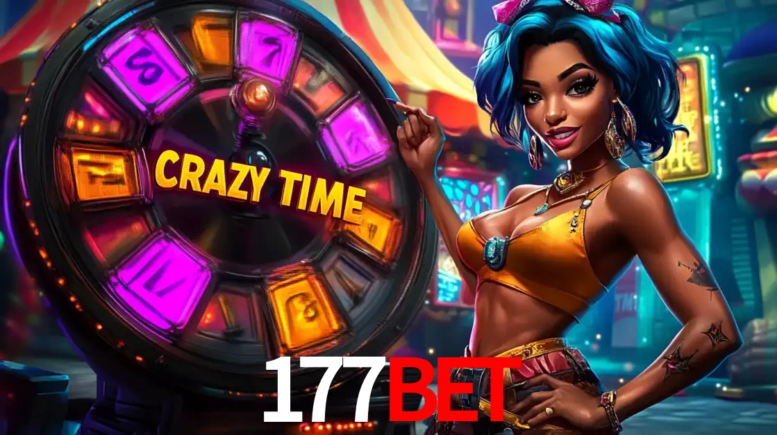 Mulher estilizada com cabelo azul e visual vibrante posando ao lado da roda de prêmios do game show Crazy Time, convidando para a diversão e os bônus do cassino 177BET.