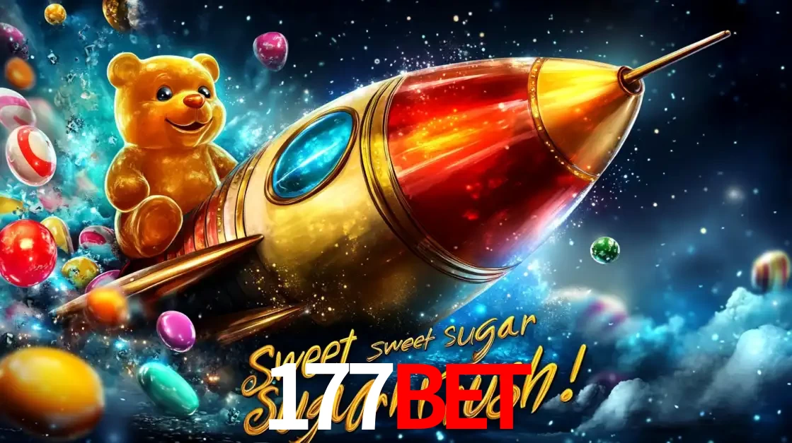 Arte promocional do jogo de slot Sugar Rush, com um urso de pelúcia em um foguete viajando pelo espaço de doces, um dos jogos divertidos disponíveis no cassino 177BET.
