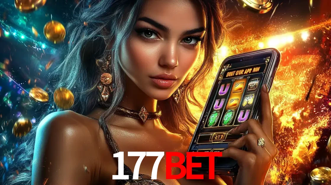 Mulher elegante mostrando um jogo de caça-níqueis em seu smartphone, destacando a experiência de cassino móvel oferecida pelo aplicativo 177BET.