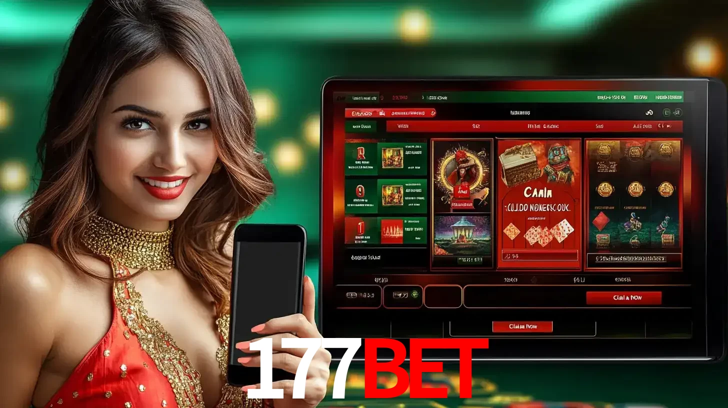 Mulher sorridente segurando um smartphone, ao lado de uma tela exibindo o lobby de jogos do cassino online 177BET, com várias opções de jogos de cartas e slots.